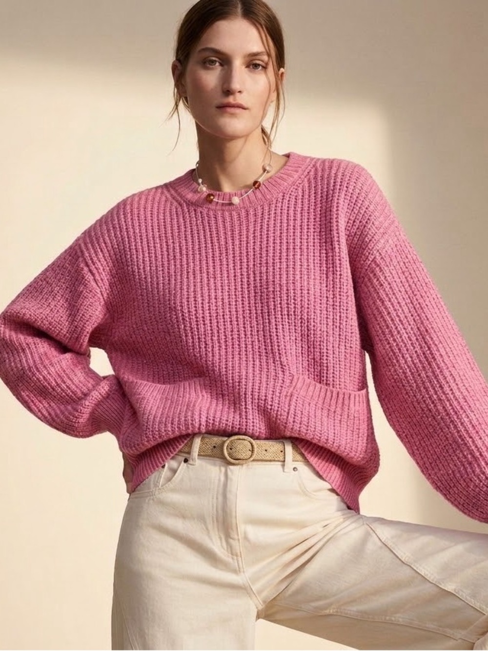 & Other Stories Pink Chunky Cotton & Wool Crewneck Sweater with Pocket